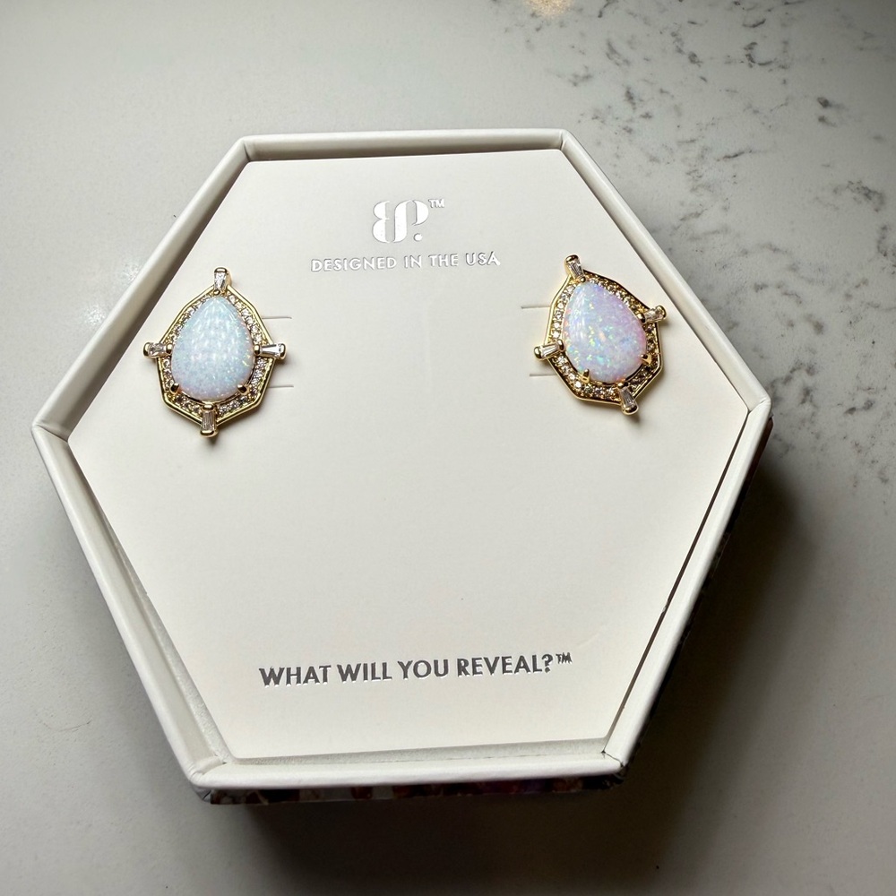 Bomb Party Forged to Glow October 2025 Birthday Earrings in White Opal/Gold